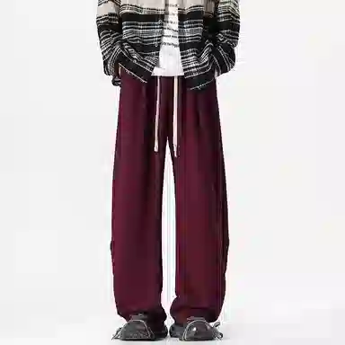 美式复古纯色基础款中腰拼接明线褶皱弯刀裤加绒加厚裤子宽松大码卫裤直筒阔腿休闲长裤简约百搭重磅垂感针织运动裤 男女同款