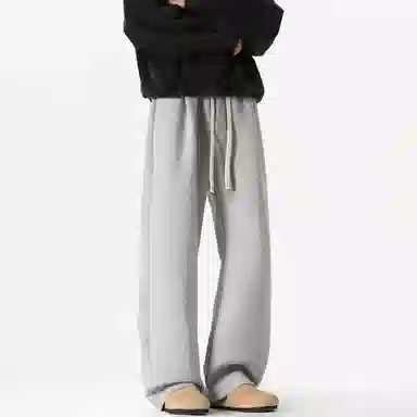 美式复古纯色基础款中腰拼接明线褶皱弯刀裤加绒加厚裤子宽松大码卫裤直筒阔腿休闲长裤简约百搭重磅垂感针织运动裤 男女同款