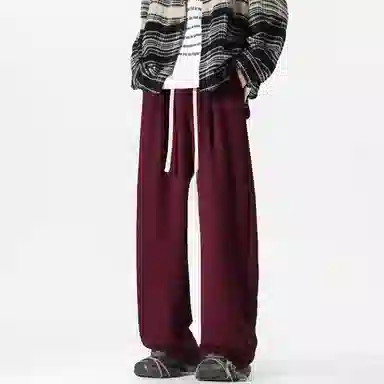 美式复古纯色基础款中腰拼接明线褶皱弯刀裤加绒加厚裤子宽松大码卫裤直筒阔腿休闲长裤简约百搭重磅垂感针织运动裤 男女同款