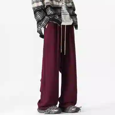 美式复古纯色基础款中腰拼接明线褶皱弯刀裤加绒加厚裤子宽松大码卫裤直筒阔腿休闲长裤简约百搭重磅垂感针织运动裤 男女同款