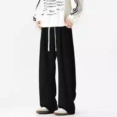 美式复古纯色基础款中腰拼接明线褶皱弯刀裤加绒加厚裤子宽松大码卫裤直筒阔腿休闲长裤简约百搭重磅垂感针织运动裤 男女同款