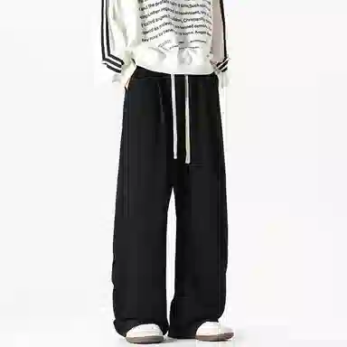 美式复古纯色基础款中腰拼接明线褶皱弯刀裤加绒加厚裤子宽松大码卫裤直筒阔腿休闲长裤简约百搭重磅垂感针织运动裤 男女同款