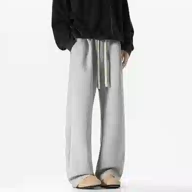 美式复古纯色基础款中腰拼接明线褶皱弯刀裤加绒加厚裤子宽松大码卫裤直筒阔腿休闲长裤简约百搭重磅垂感针织运动裤 男女同款