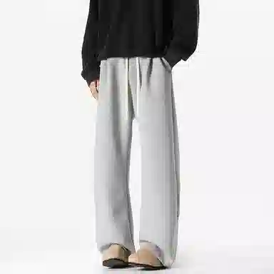 美式复古纯色基础款中腰拼接明线褶皱弯刀裤加绒加厚裤子宽松大码卫裤直筒阔腿休闲长裤简约百搭重磅垂感针织运动裤 男女同款