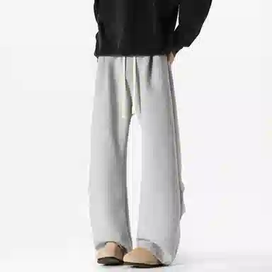 美式复古纯色基础款中腰拼接明线褶皱弯刀裤加绒加厚裤子宽松大码卫裤直筒阔腿休闲长裤简约百搭重磅垂感针织运动裤 男女同款