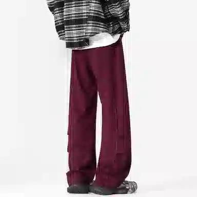 美式复古纯色基础款中腰拼接明线褶皱弯刀裤加绒加厚裤子宽松大码卫裤直筒阔腿休闲长裤简约百搭重磅垂感针织运动裤 男女同款