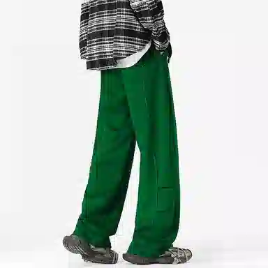 美式复古纯色基础款中腰拼接明线褶皱弯刀裤加绒加厚裤子宽松大码卫裤直筒阔腿休闲长裤简约百搭重磅垂感针织运动裤 男女同款