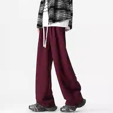 美式复古纯色基础款中腰拼接明线褶皱弯刀裤加绒加厚裤子宽松大码卫裤直筒阔腿休闲长裤简约百搭重磅垂感针织运动裤 男女同款