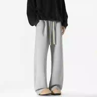 美式复古纯色基础款中腰拼接明线褶皱弯刀裤加绒加厚裤子宽松大码卫裤直筒阔腿休闲长裤简约百搭重磅垂感针织运动裤 男女同款