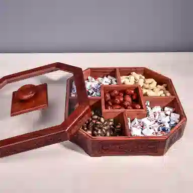 書卓 复古风简约大气 八角雕花果盘  榫卯结构 精细打磨 大富大贵#好运 血檀 摆件 男女同款情侣款