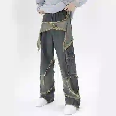 极限涡轮 五角星设计小众美式做旧水洗高街牛仔裤 男女同款 复古蓝