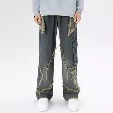 极限涡轮 五角星设计小众美式做旧水洗高街牛仔裤 男女同款 复古蓝