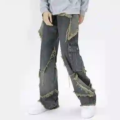 极限涡轮 五角星设计小众美式做旧水洗高街牛仔裤 男女同款 复古蓝