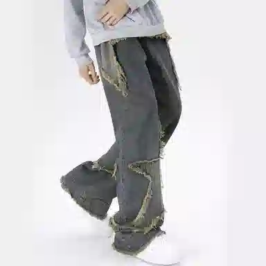 极限涡轮 五角星设计小众美式做旧水洗高街牛仔裤 男女同款 复古蓝