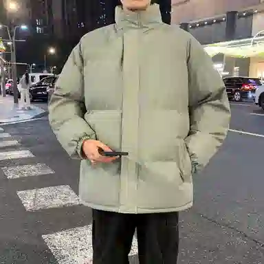 美式复古无性别主义高街简约基础款日常通勤百搭下摆抽绳可调节纯色立领宽松加厚保暖舒适棉服 男女同款