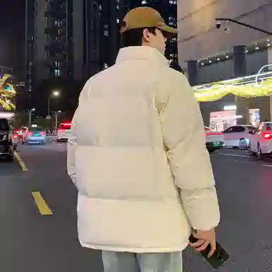 美式复古无性别主义高街简约基础款日常通勤百搭下摆抽绳可调节纯色立领宽松加厚保暖舒适棉服 男女同款