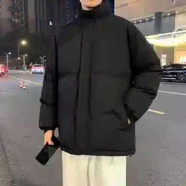 美式复古无性别主义高街简约基础款日常通勤百搭下摆抽绳可调节纯色立领宽松加厚保暖舒适棉服 男女同款