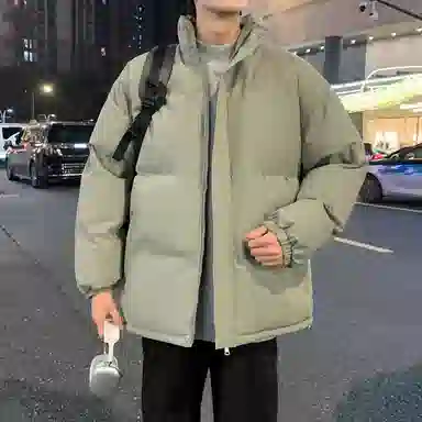 美式复古无性别主义高街简约基础款日常通勤百搭下摆抽绳可调节纯色立领宽松加厚保暖舒适棉服 男女同款