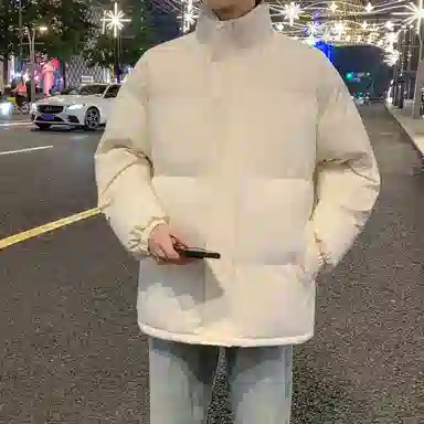 美式复古无性别主义高街简约基础款日常通勤百搭下摆抽绳可调节纯色立领宽松加厚保暖舒适棉服 男女同款