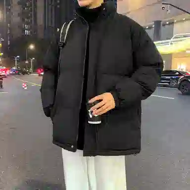 美式复古无性别主义高街简约基础款日常通勤百搭下摆抽绳可调节纯色立领宽松加厚保暖舒适棉服 男女同款