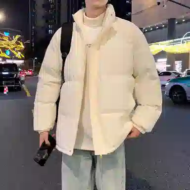 美式复古无性别主义高街简约基础款日常通勤百搭下摆抽绳可调节纯色立领宽松加厚保暖舒适棉服 男女同款