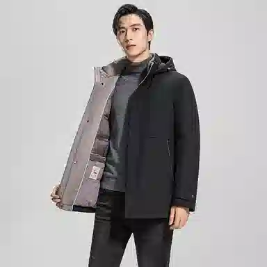 鸭鸭 纯色商务休闲连帽中长款羽绒服 男款 虾青色