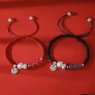 银千惠 送福貔貅 国潮小众新中式来财貔貅一对上岸转运珠吞金兽本命年纳福平安红绳甜蜜编织手绳  玉髓 手链 男女同款情侣款 礼盒