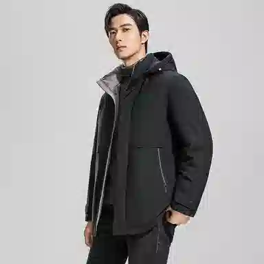 鸭鸭 纯色商务休闲连帽中长款羽绒服 男款 虾青色