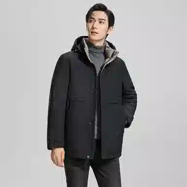 鸭鸭 纯色商务休闲连帽中长款羽绒服 男款 虾青色