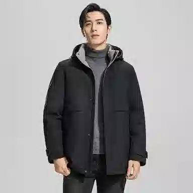 鸭鸭 纯色商务休闲连帽中长款羽绒服 男款 虾青色