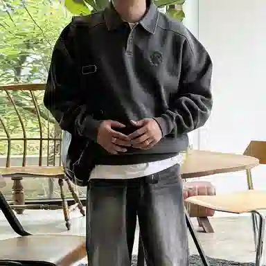 我是大卫 重工刺绣徽章拼接设计感美式复古重磅套头卫衣 男女同款 深灰色