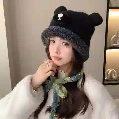 优莲茵 韩国潮可爱小熊耳朵针织帽学生百搭保暖护耳 涤纶 绒线帽 女款