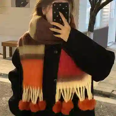 啄木鸟 多巴胺毛绒秋冬保暖大软糯流苏毛球甜美可爱 绒线围巾 男女同款情侣款