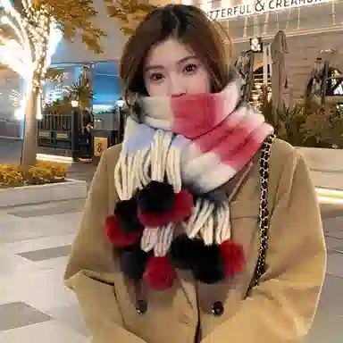 啄木鸟 多巴胺毛绒秋冬保暖大软糯流苏毛球甜美可爱 绒线围巾 男女同款情侣款