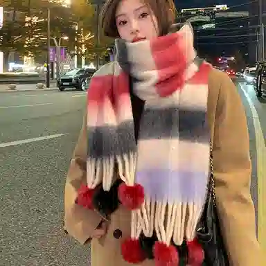 啄木鸟 多巴胺毛绒秋冬保暖大软糯流苏毛球甜美可爱 绒线围巾 男女同款情侣款