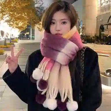 啄木鸟 多巴胺毛绒秋冬保暖大软糯流苏毛球甜美可爱 绒线围巾 男女同款情侣款