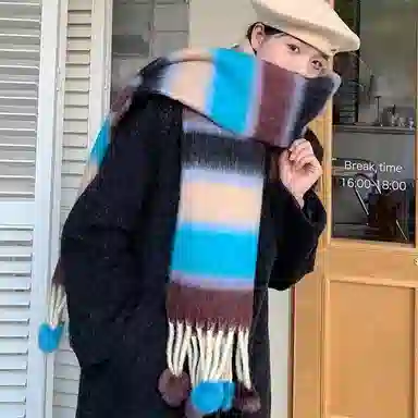 啄木鸟 多巴胺毛绒秋冬保暖大软糯流苏毛球甜美可爱 绒线围巾 男女同款情侣款