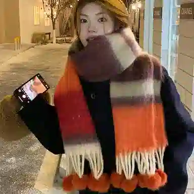 啄木鸟 多巴胺毛绒秋冬保暖大软糯流苏毛球甜美可爱 绒线围巾 男女同款情侣款