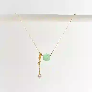 幸囍礼 翡翠飘绿路路通转运珠 新中式雕刻珠国潮颈链 轻奢高级感古典大气复古珍珠吊坠 豆种 项链 男女同款情侣款