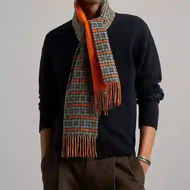 HERMES Plaid Cashmere Scarf Orange