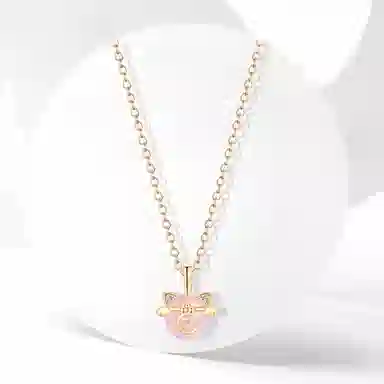 牧言 金钱猫 甜美森系可爱简约小众设计高级感 光面立体福运铜钱猫耳粉色小猫翅膀 好运 琉璃 项链 女款