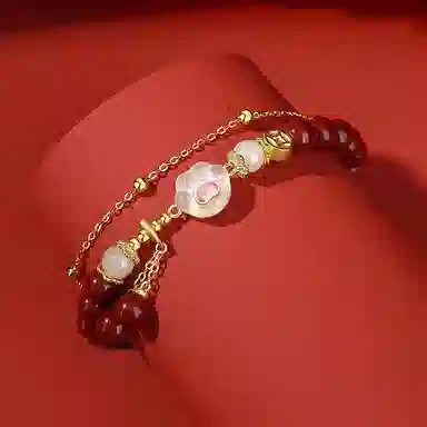 福茹记 新中式本命年可爱招财有钱花猫爪手腕链国风诸事顺利甜美少女感串珠链小众设计钱币转运珠双层叠戴轻奢高级感首饰 朱砂 手链 女款