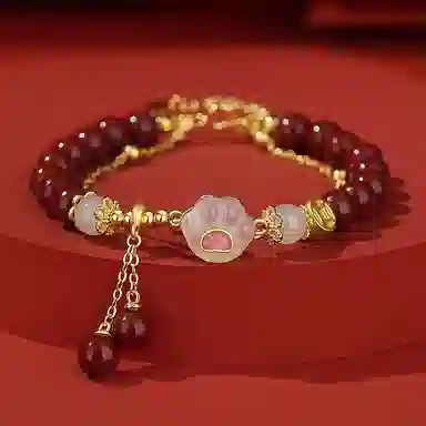 福茹记 新中式本命年可爱招财有钱花猫爪手腕链国风诸事顺利甜美少女感串珠链小众设计钱币转运珠双层叠戴轻奢高级感首饰 朱砂 手链 女款