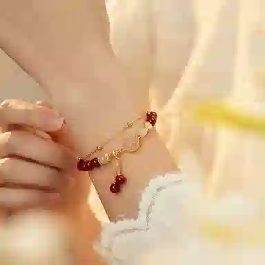 福茹记 新中式本命年可爱招财有钱花猫爪手腕链国风诸事顺利甜美少女感串珠链小众设计钱币转运珠双层叠戴轻奢高级感首饰 朱砂 手链 女款