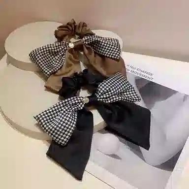 简应舒 复古格纹千格鸟蝴蝶结大肠飘带款 布 发圈 女款