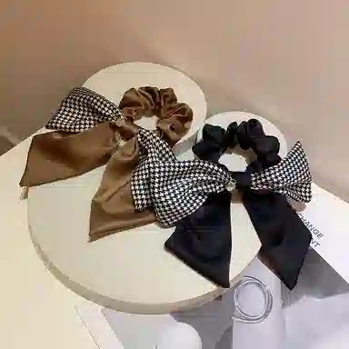 简应舒 复古格纹千格鸟蝴蝶结大肠飘带款 布 发圈 女款