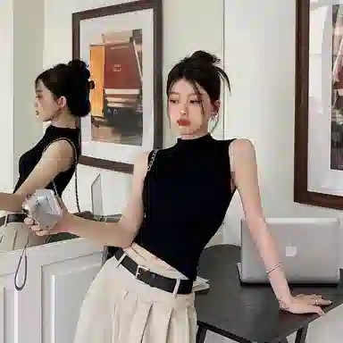 双星八特 时尚纯棉半高领纯色背心 男女同款 黑色