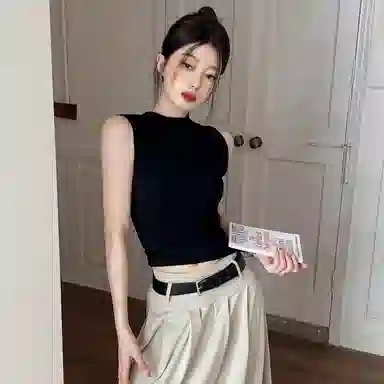 双星八特 时尚纯棉半高领纯色背心 男女同款 黑色