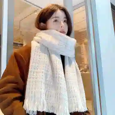 北极绒 韩版高级氛围感小香风时髦白色百搭保暖 绒线围巾 男女同款情侣款