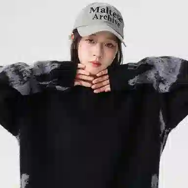 玉儿恋 美式复古不规则撞色提花设计感圆领百搭慵懒感宽松直筒长袖针织衫 男女同款 黑色